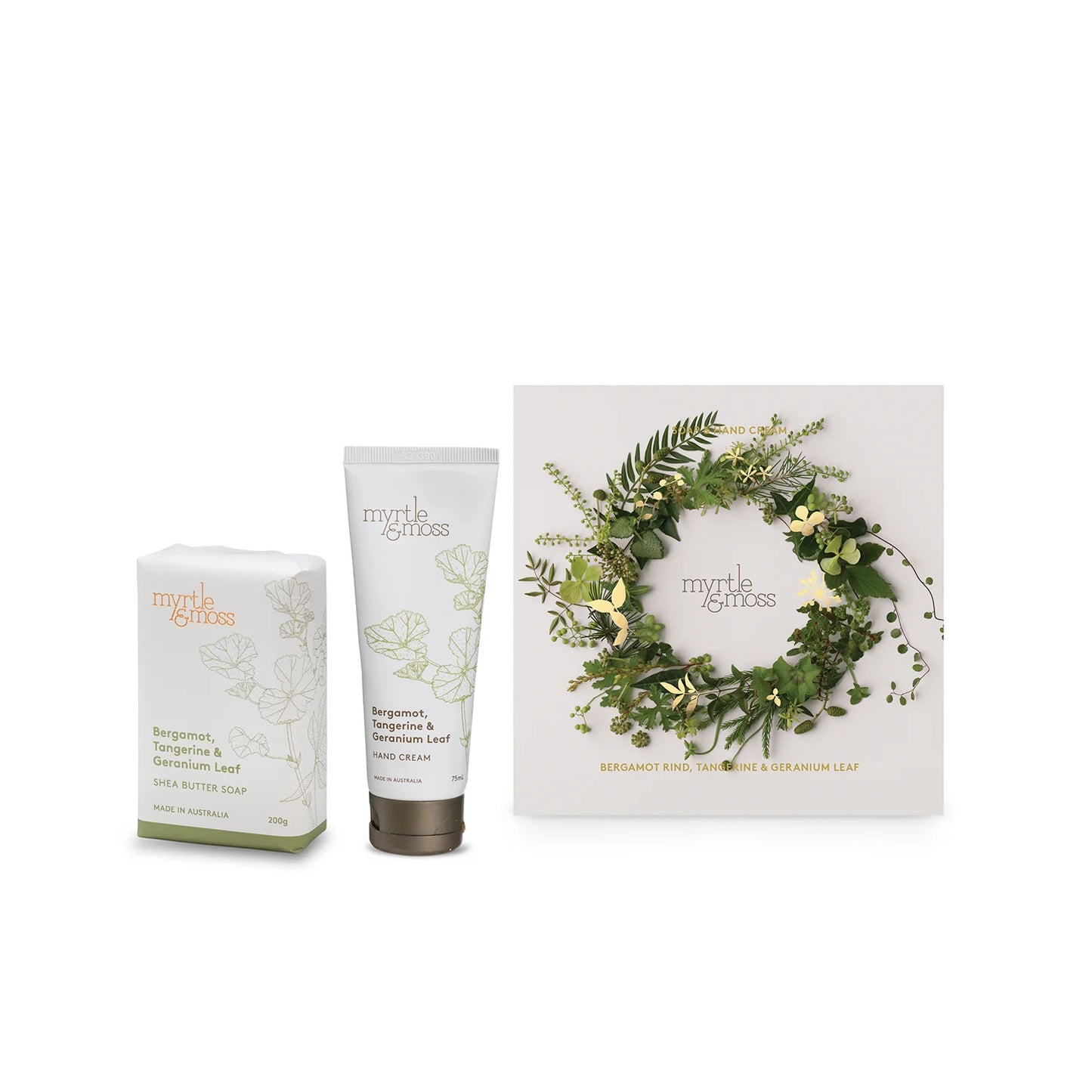 Myrtle & Moss Christmas Duet – Bergamot Rind, Tangerine & Geranium Leaf. Hand cream & candle. Same-day delivery Melbourne.