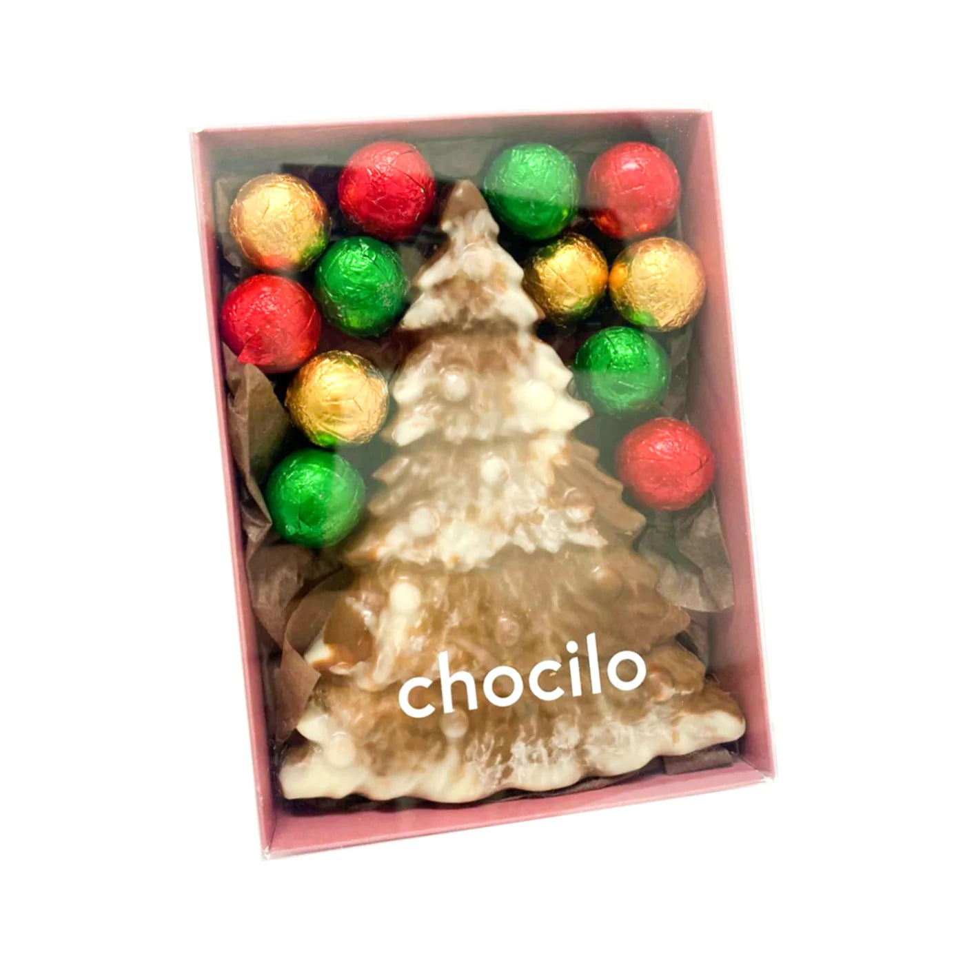 Chocilo Marbled Christmas Tree with 12 milk chocolate baubles. Handcrafted in Ivanhoe. A delicious festive gift from French Blue Flowers Melbourne.