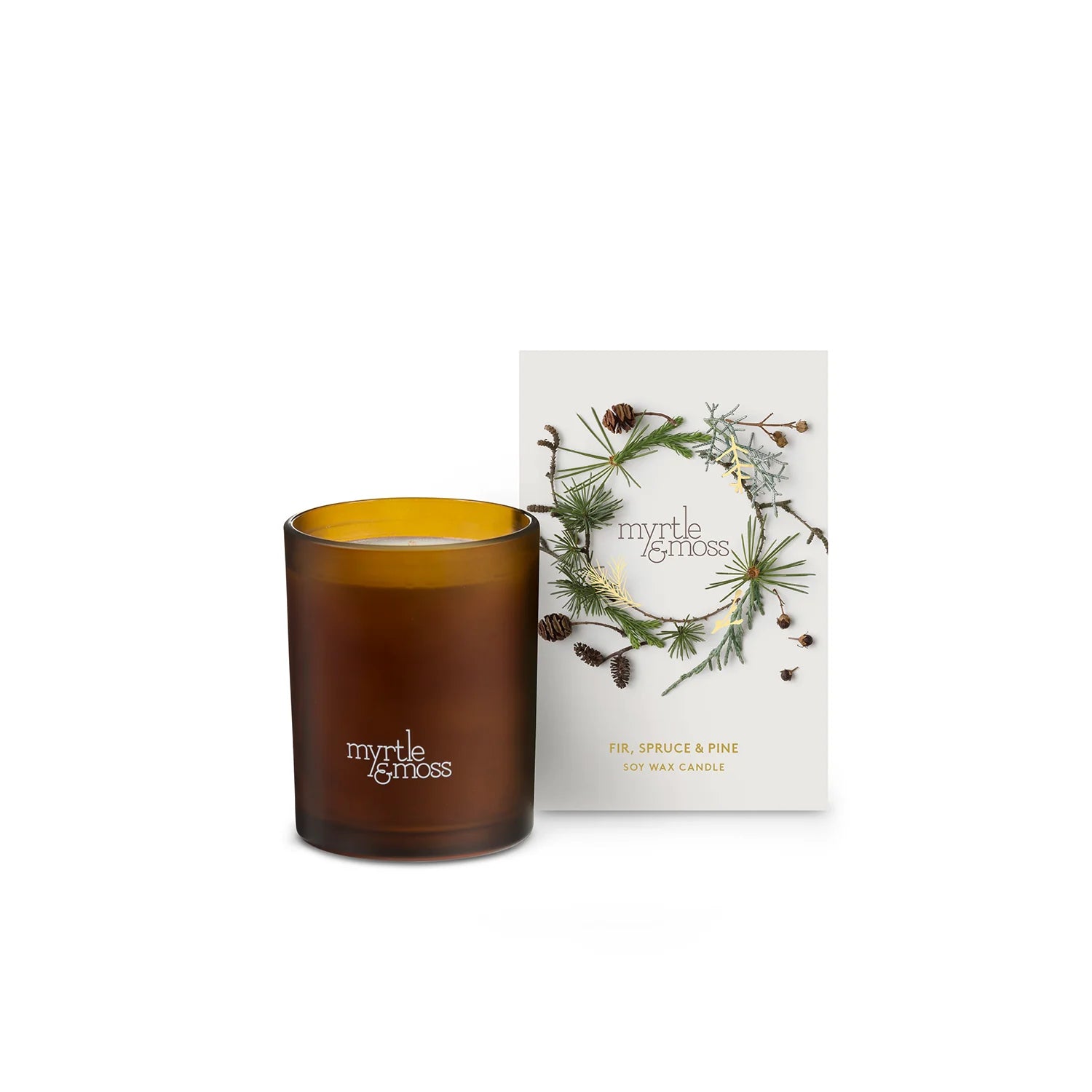 Myrtle & Moss Christmas Candle. Hand-poured soy wax, Fir, Pine & Spruce or Sweet Orange, Nutmeg & Cinnamon. 50hrs burn time. Same-day delivery Melbourne.