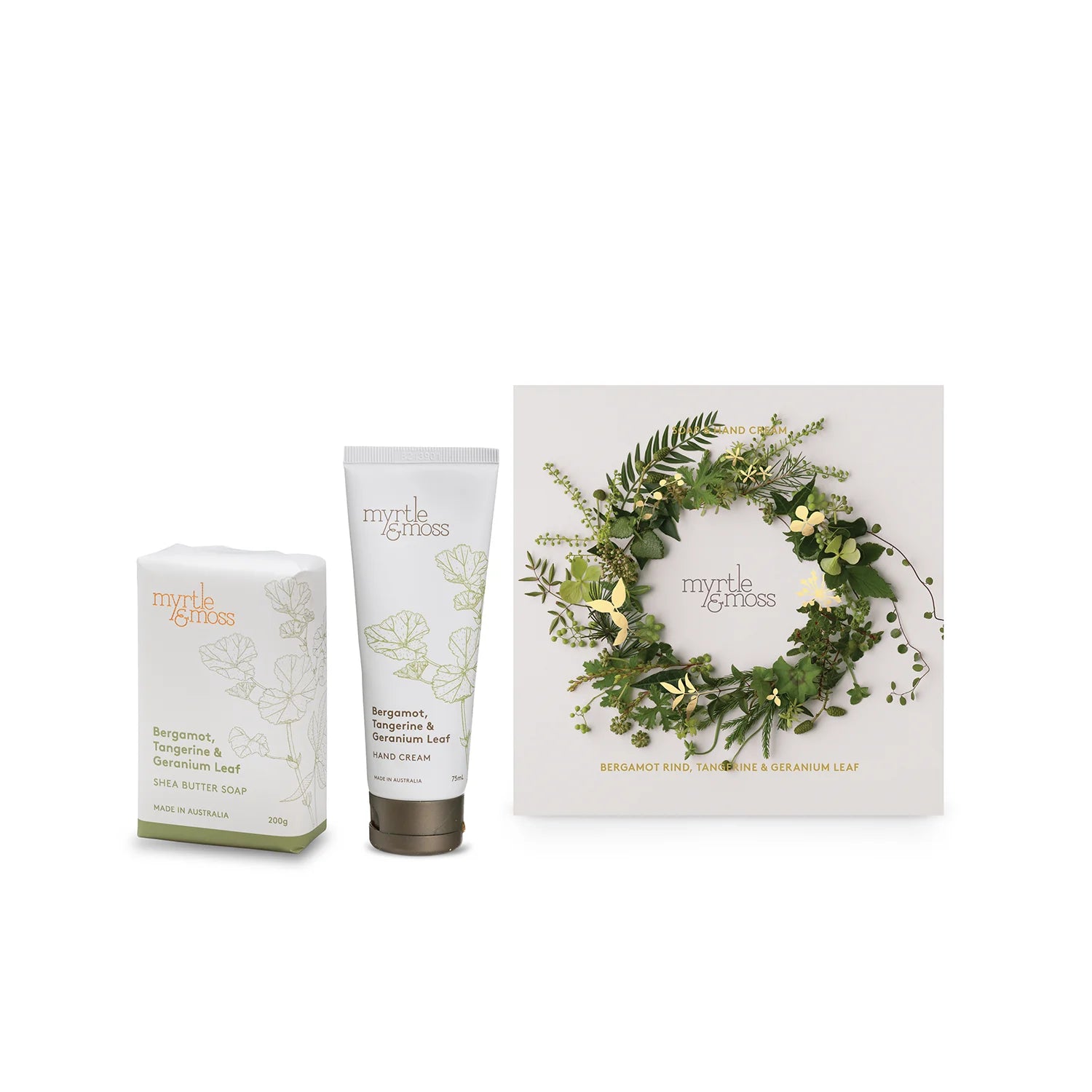 Myrtle & Moss Christmas Duet – Bergamot Rind, Tangerine & Geranium Leaf. Hand cream & candle. Same-day delivery Melbourne.