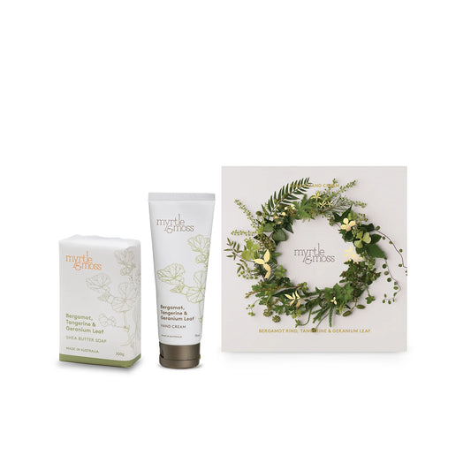 Myrtle & Moss Christmas Duet – Bergamot Rind, Tangerine & Geranium Leaf. Hand cream & candle. Same-day delivery Melbourne.