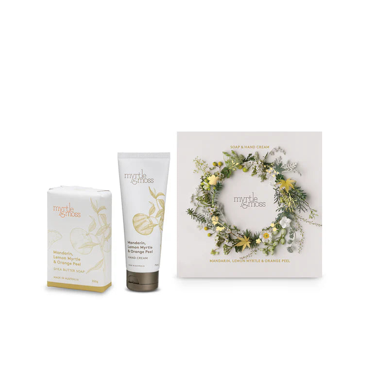 Myrtle & Moss Christmas Gift Set with Hand Cream & Shea Butter Soap. Australian-made luxury. Same-day delivery Melbourne.