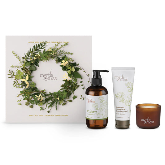 Give the gift of luxury this Christmas with Myrtle & Moss’s botanical trio. Includes wash, hand cream & soy candle in Bergamot, Tangerine & Geranium.