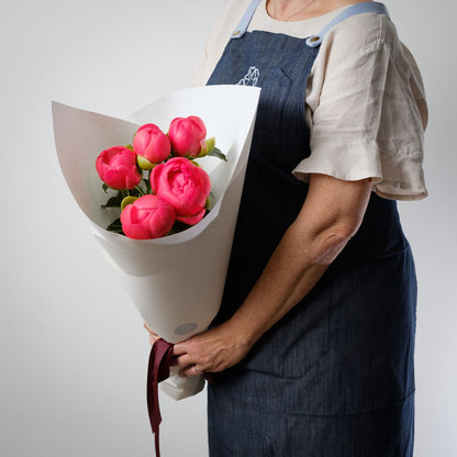French Coral peony bunch with satin ribbon