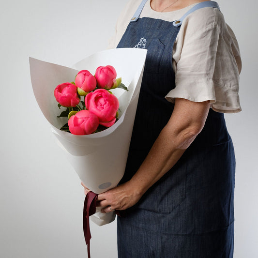 French Coral peony bunch with satin ribbon